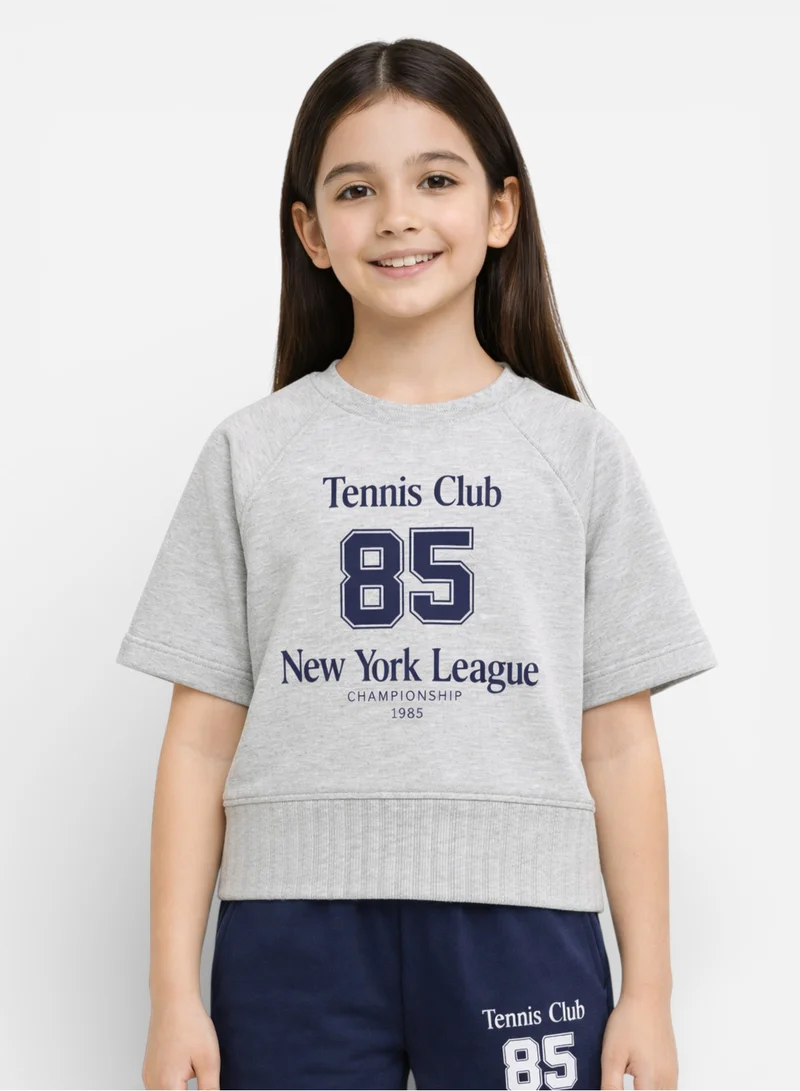 victor and jane Girls 2 Pc Set Tennis Club Print T-Shirt & Pants Set – Grey & Navy
